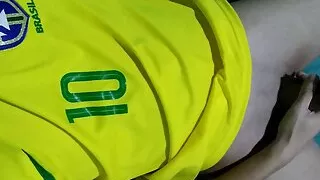 Brazilian young boy showing her body and masturbating her big thick shaved dick cheering for brazil in the world cup