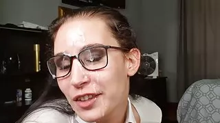 Nerdy girl with glasses sucking dick, cum on glasses