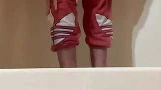 Piss desperation in pink joggers and cum shot