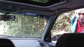 Hitchhiking 80 yo blonde granny riding his dick