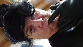 latex masked perv bessy enjoys sitting on giant dildoplug