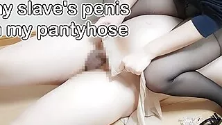Rubbing the head of my slave's penis with my pantyhose