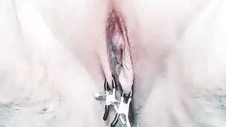 Clamps on fat pussy and pee