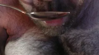 Chub bear slurping my own cum after estim session