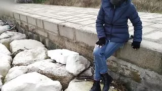 Fully dressed crossed legs orgasm near construction site