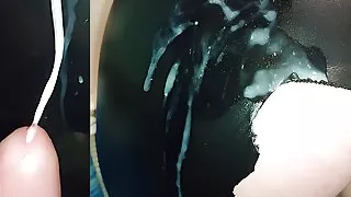 A lot of cum on horny stepmomms black leather pants