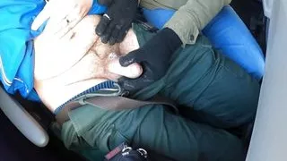 Black gloves handjob in a public bus