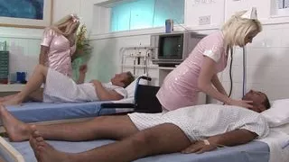 Naughty milf nurses use their big tits to initiate rough