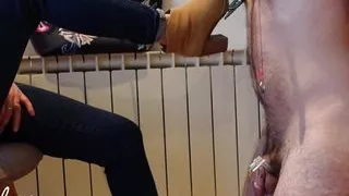 Mistress makes chastity cuckold cum after returning from her date