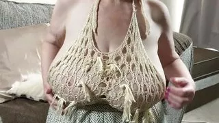Mature Sally's huge tits in a skimpy top which leaves nothing to the imagination