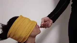 Guess the taste game. Blindfolded tastes lollipop, dick and cum in one meal.