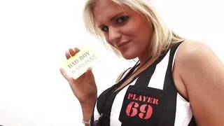 Blonde busty babe tease her huge tits