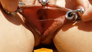 nippleringlover horny milf nude outdoors fingering pierced pussy extreme stretched pierced nipples close up