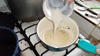 I accumulate a lot of cum in a container, my piggy slut cooks it and then eats it in the mall