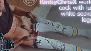 KinkyChrisX works his shaved cock with lube in white socks and leggings WITH CUMSHOT