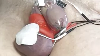 Cock squeezed into a one inch cock cage and estimmed.