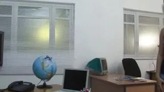 Swallowing a cock during threesome anal sex in the classroom