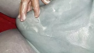 Wet slippery nylon pantyhose  tights and leotard cock rub.