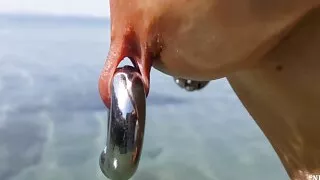 nippleringlover horny milf extreme pierced nipples and pussy, changing nipple rings at public beach