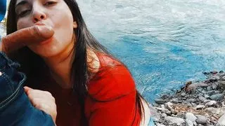 Risky passionate blowjob in nature outdoors.