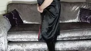 Sexy crossdresser red and black satin dress
