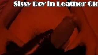 Milf Mommy Jerking Off His Sissy Boy in Leather Gloves