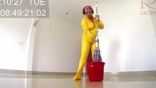 Naked maid cleans office space. Maid without panties. Hall 1