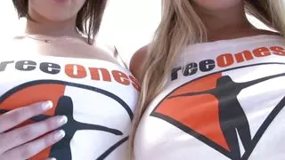 Young sluts in crazy mood enjoy get in bed together and topless