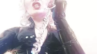 Latex Mistress: collar and leash FemDom training for good submissive! Arya Grander rubber Domme POV