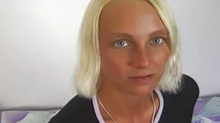 petite blonde with a dildo in her ass sucks her boyfriend's cock greedily