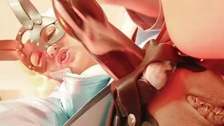 Strap-on JOI in rabbit mask and PVC coat - sexy blonde MILF dirty talk role play (Arya Grander)