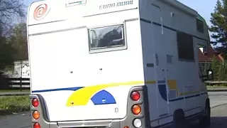 Girl gets in the camper and drives it hard with the guys