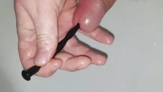 Deep urethral sounding, 30cm deep sounding rod, cumshot, close-up, silicone dilatator insertion