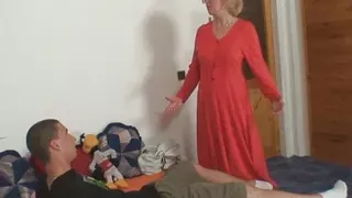 Shaved pussy mom riding son-in-law cheating dick