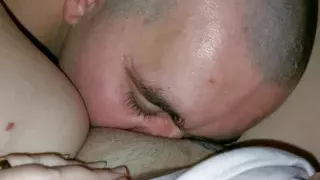 The husband licks his mistress's cunt and at the same time fucks his bitch with a rubber strapon.  Bitch likes it when s