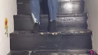 Real Homemade slut pissing down the stairs