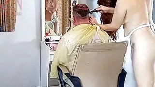 Do you want me to cut your hair? Stylist's client. Naked hairdresser. Nudism 12