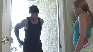 Black babe moans while getting her tight cunt plowed by a