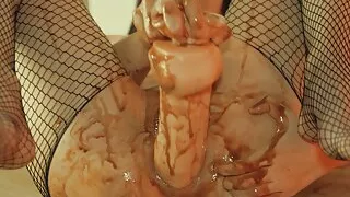 Intense anal chocolate fucking with a huge dildo (Amateur, Gape, Orgasm, Fishnet, Brunette, Teen)