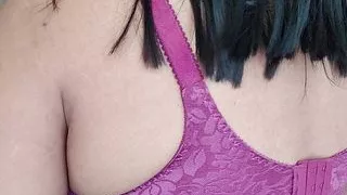 Massaging my pointy boobs on vintage purple bra