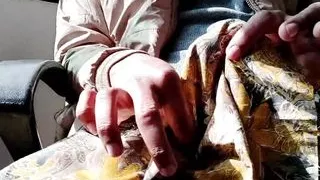 Satin handjob - dick head rub and cum on satin silky yellow suit of sister (78)