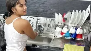 My stepmom fucks my small pussy in the kitchen while she washes the slab