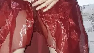 Masturbation Cum Wearing Shiny Red X'mas Dress
