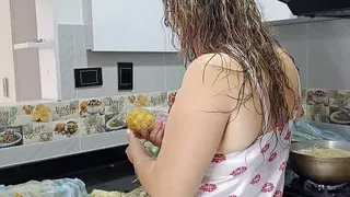Yummy how my stepmom sucks my dick in the kitchen.