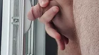 Small dick Cumming from second stair window