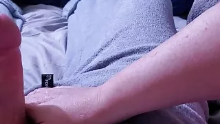 Naughty onsie play, watch me jerk him off until he cums in his PJS while I expose his hairy balls in bed for a nap