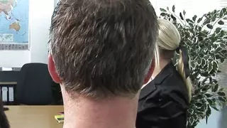 Two blondes and a brunette babes get both holes fucked in an office