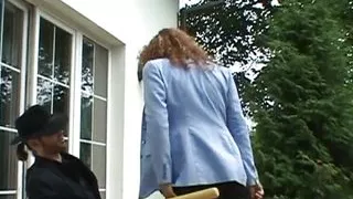 Young slut with red hair and hairy pussy gets fucked by two