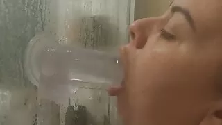 BBW choking and deepthroats dildo in the shower - Huge ass PAWG sucks and gags on plastic penis