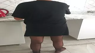 Sexy legs in nylons while my stepmom makes stuffed in the kitchen